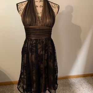 Black overlay Gold Formal Halter Evening Dress